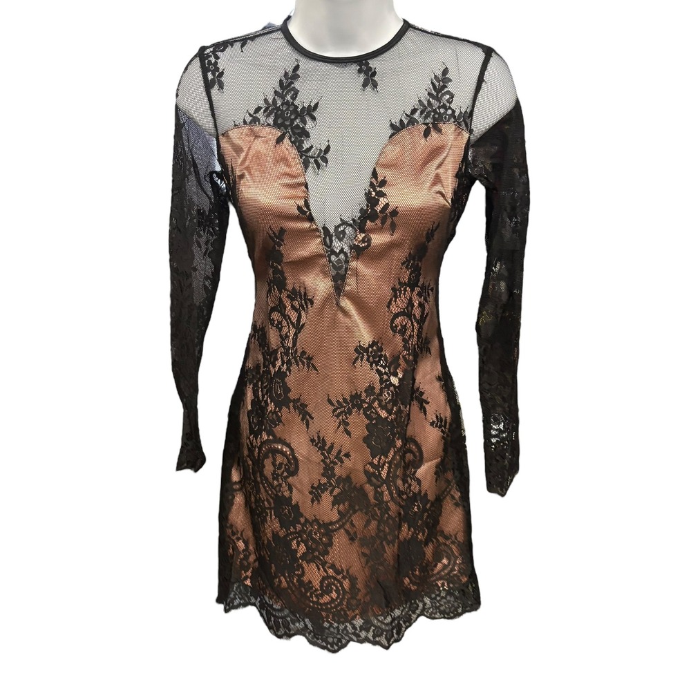 Roma Long Sleeve Mini‎ Dress Black Lace Nude Illusion Bodycon Party Cocktail
